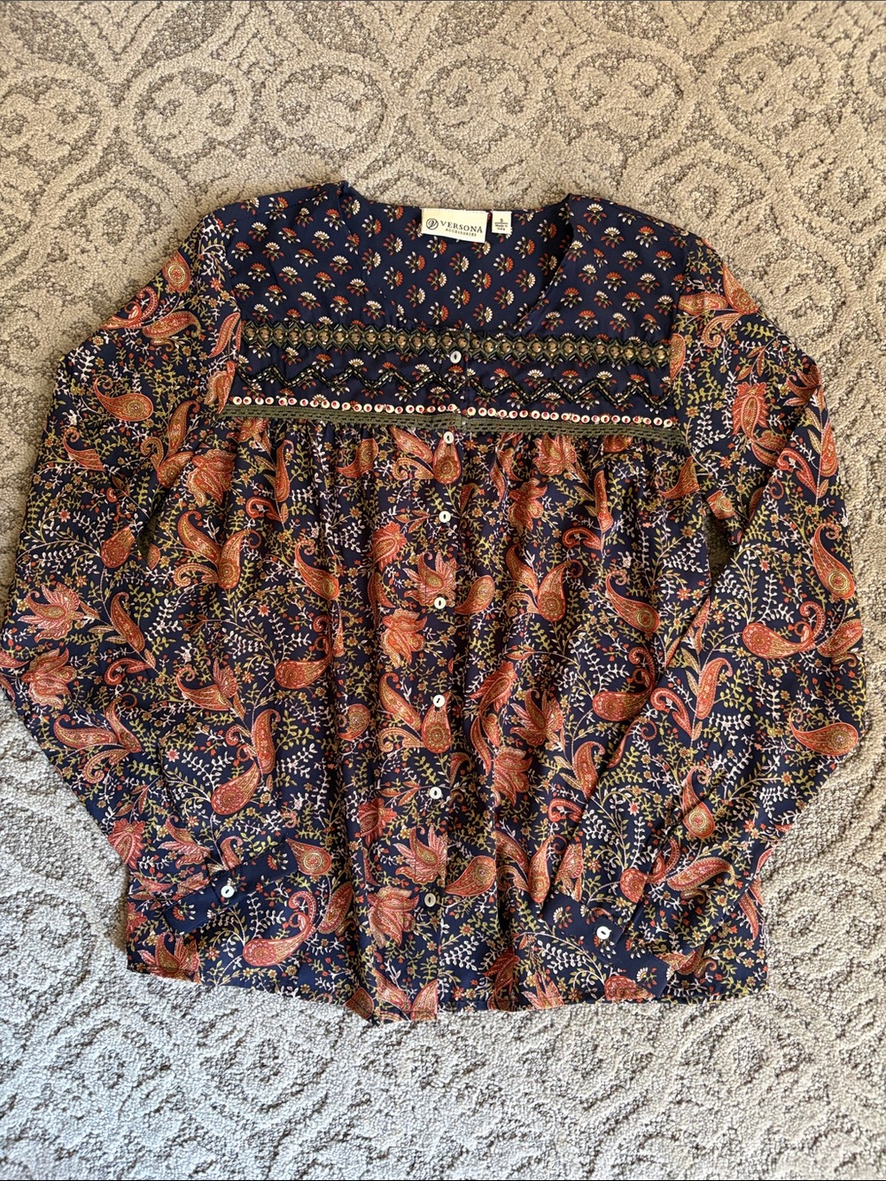 Versona Navy Blouse with Rust Paisley Print and Embellished Yoke